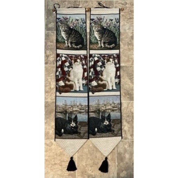 VTG Woodworkers & Weavers Lot of 2 Kitty Corner Bell Pull Tapestry Wall Hanging - Picture 1 of 10